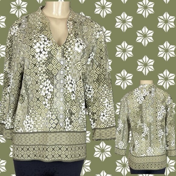 Ruby Rd L Green Mixed Floral Pattern Studded Split Neck Cotton 3/4 Sleeve Top - Picture 1 of 6